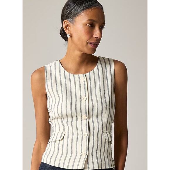 J.Crew Women’s 100% Linen Vest Wide Leg Pants Set 2 Pc Beige Sz L Striped Resort - Picture 1 of 14